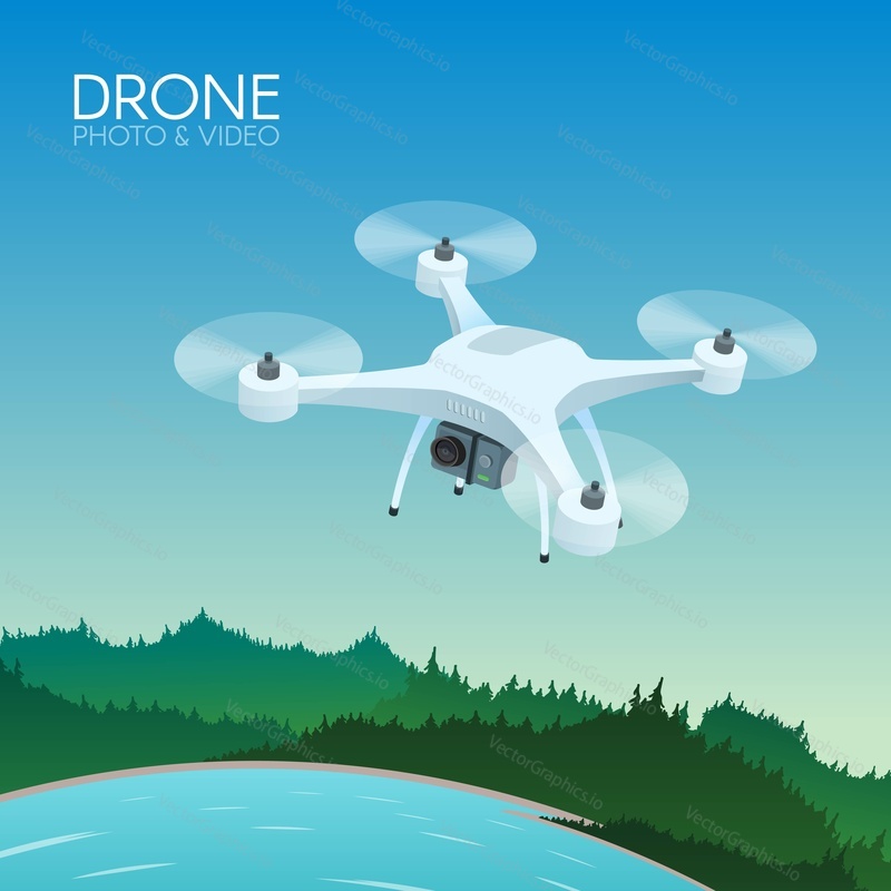 Drone with remote control flying over nature landscape. Aerial drone with camera taking photography and video concept vector illustration.