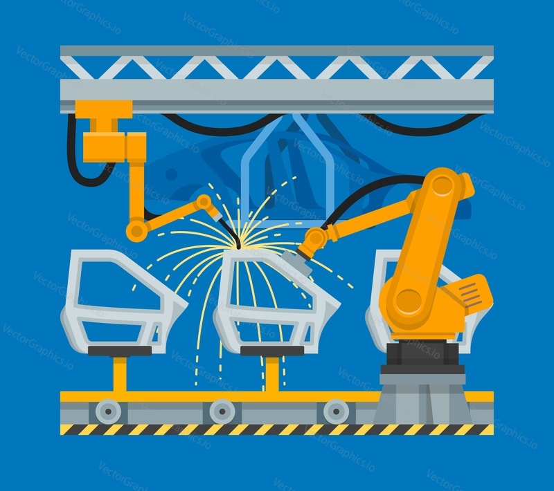 Vector illustration of spot welding of car doors with industrial robots. Plant conveyor belt. Automobile industry automation concept design element in flat style.