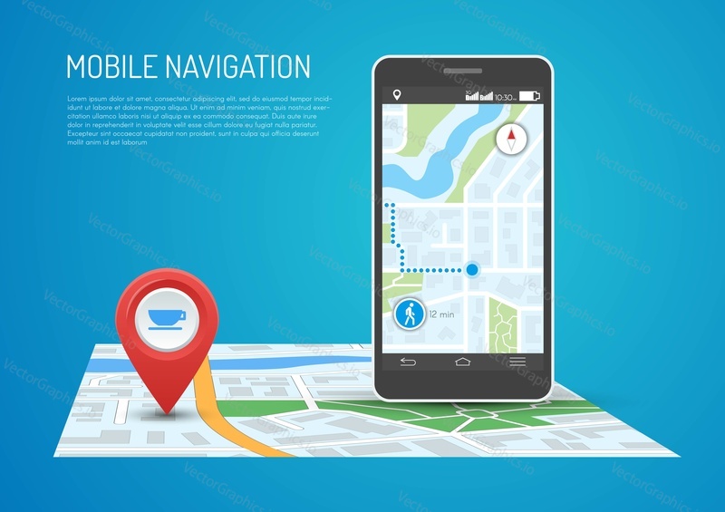 Vector illustration of smartphone with mobile navigation app on screen. Route map with symbols showing location of man. Global Positioning System concept design element in flat style.