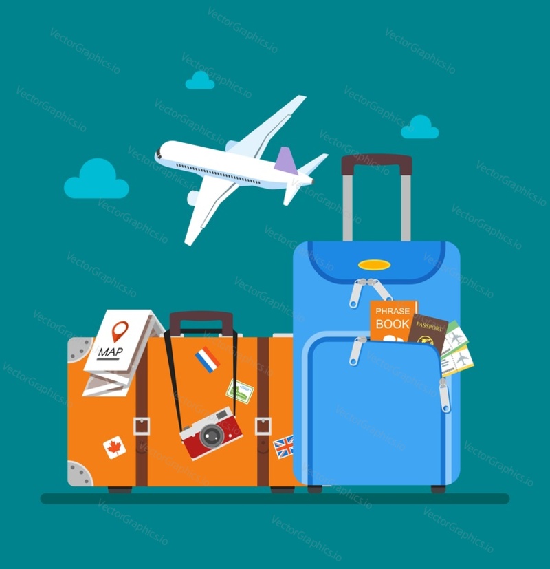 Travel concept vector illustration in flat style design. Airplane flying above tourists luggage, map, passport, tickets, photo camera and landmarks. Vacation and tourism background.
