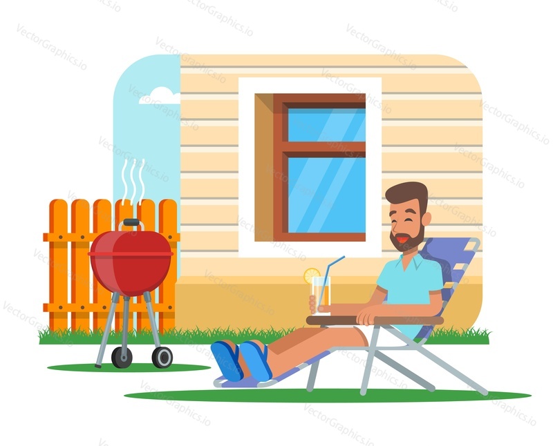 Vector illustration of man sitting in armchair near house with glass of lemonade, cooking barbecue and having rest. Cartoon character. Flat design.