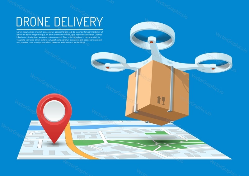 Drone delivery concept vector illustration. Quadcopter flying over a map and carrying a package with pizza.
