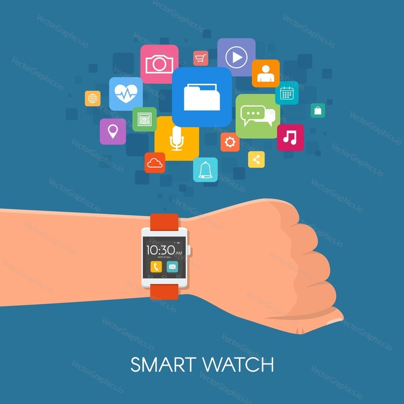 Hand with smart watch. Vector illustration in flat style. Design elements and app icons.