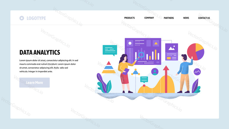 Vector web site design template. Data analytics concept. Financial report and presentation, teamwork in office. Landing page concepts for website and mobile development. Modern flat illustration.