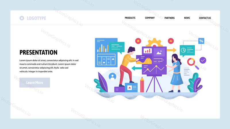 Vector web site design template. Business presentation and financial charts. Teamwork meeting. Landing page concepts for website and mobile development. Modern flat illustration.