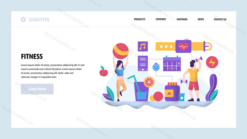 Vector web site design template. Fitness and healthy lifestyle. Couple working out in gym. Landing page concepts for website and mobile development. Modern flat illustration.
