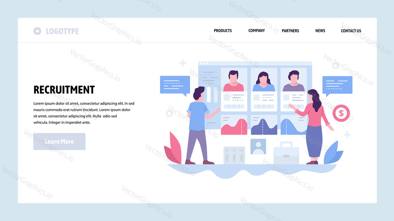 Vector web site design template. Job recruitment, candidate CV profiles, HR human resources. Landing page concepts for website and mobile development. Modern flat illustration.