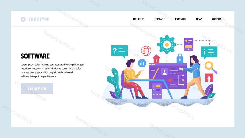 Vector web site design template. Software project development. Team of coders work together. Landing page concepts for website and mobile development. Modern flat illustration.
