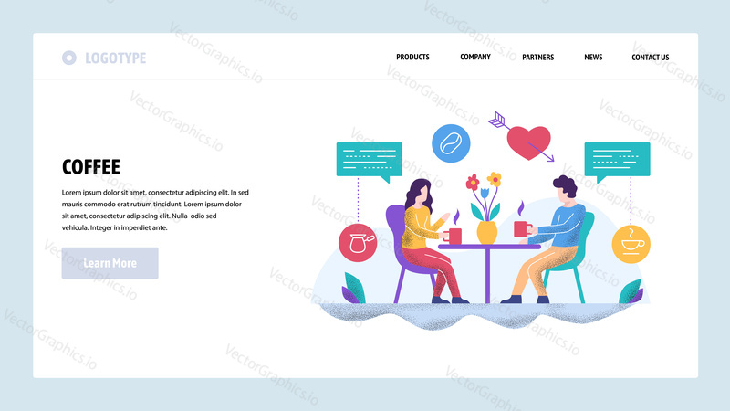 Vector web site design template. Couple on a date drinking coffee. Landing page concepts for website and mobile development. Modern flat illustration.