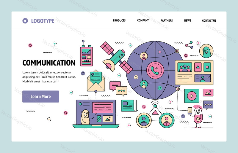Vector web site linear art design template. Satellite global telecommunication system. Landing page concepts for website and mobile development.