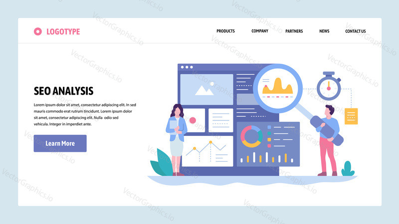 Vector web site gradient design template. SEO analytics and optimization. Online marketing and keyword suggestions. Landing page concepts for website and mobile development. Modern flat illustration