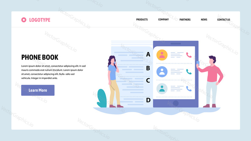 Vector web site gradient design template. Mobile phone contacts list. Landing page concepts for website and mobile development. Modern flat illustration