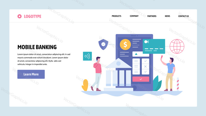 Vector web site gradient design template. Online digital bank and internet payments. Secure money transfer from mobile phone. Landing page concepts for website and mobile development. Modern flat illustration