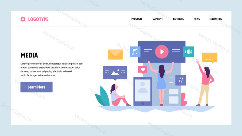 Vector web site gradient design template. Online digital media content. Music, video and photo content. Landing page concepts for website and mobile development. Modern flat illustration