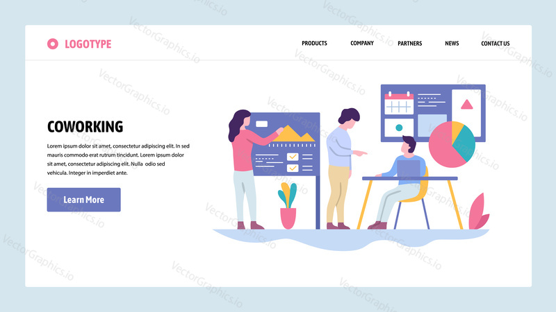 Vector web site gradient design template. Coworking space. Business team make presentation. Landing page concepts for website and mobile development. Modern flat illustration
