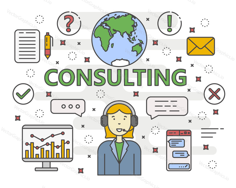 Vector Consulting service concept banner. Linear chart, graph. Consultant with speech bubbles. Thin line flat design infographic elements, symbols and icons for web, marketing and printing.