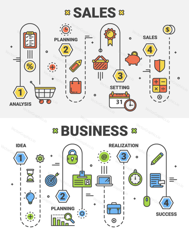 Vector set of Sales and Business concept banners. Linear schemes of Business and Sales processes with 4 steps. Thin line flat design infographic elements and icons for web, marketing and printing.