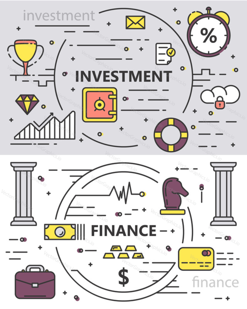 Vector set of Investment and Finance concept banners. Thin line flat design elements for web, marketing, presentation and printing.