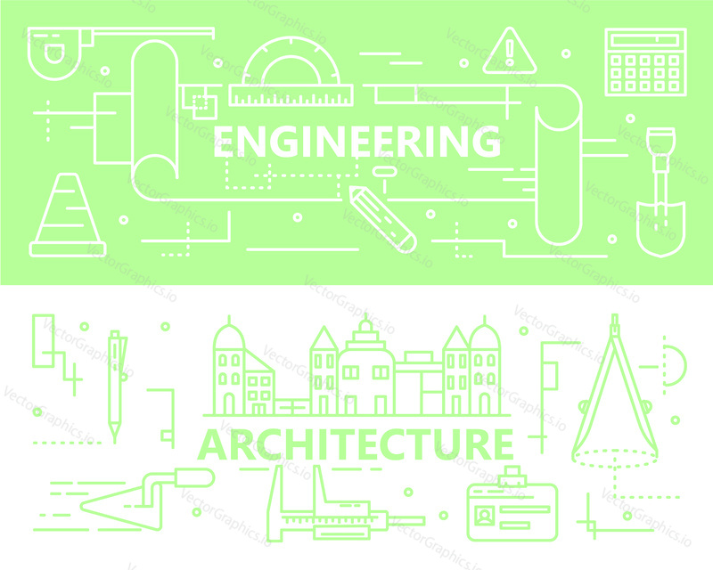 Vector set of horizontal Engineering and Architecture concept banners. Thin line flat design elements for website and printing.