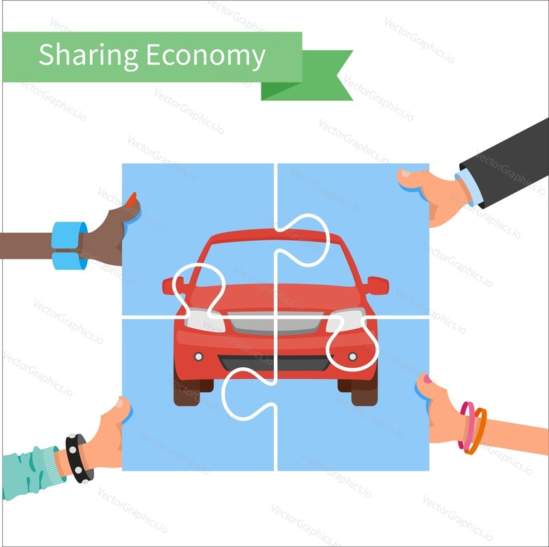 Концепция совместного использования автомобилей. Векторная иллюстрация экономики совместного использования и совместного потребления. Руки, держащие головоломку с транспортным средством.