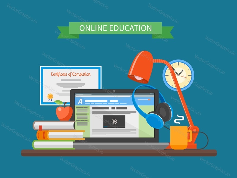 Online education concept. Vector illustration in flat style. Internet training courses design elements. Laptop on a table.