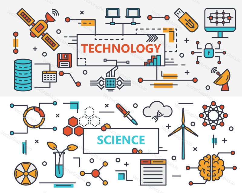 Vector set of Technology and Science concept banners. Linear schemes. Thin line flat design infographic elements, icons for web, presentation and printing.