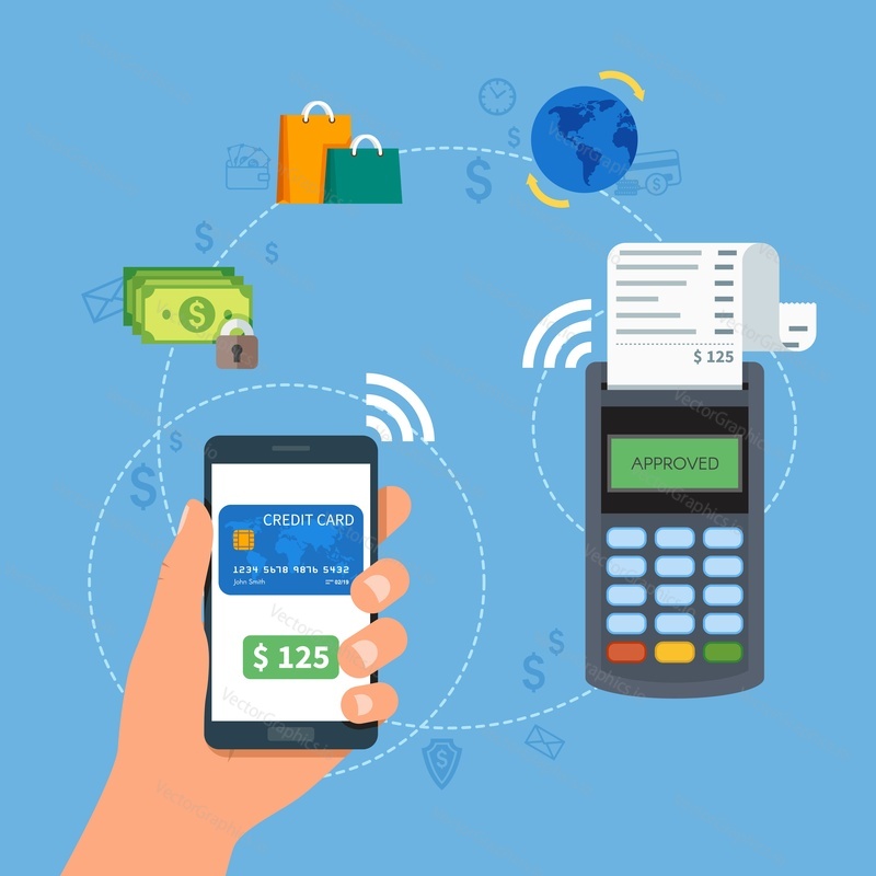 Mobile payments with smartphone. Near field communication payment terminal concept. Online transactions, paypass and NFC. Cartoon flat style vector illustration.