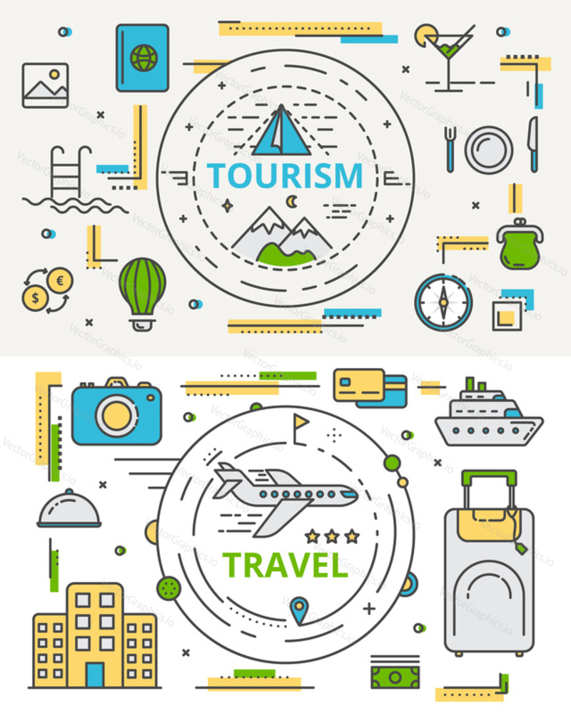 Vector set of tourism and travel concept banners. Thin line flat design infographic elements, symbols and icons for web, marketing and printing.
