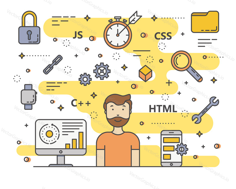 Vector web development, programming concept banner. Digital devices, programmer creating website, writing computer software, mobile applications. Thin line flat design symbols and icons for web, print