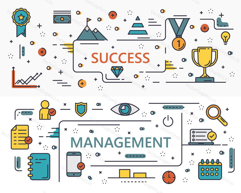 Vector set of Success and Management concept banners. Linear chart, graph, schemes. Thin line flat design infographic elements, symbols and icons for web, marketing, printing.