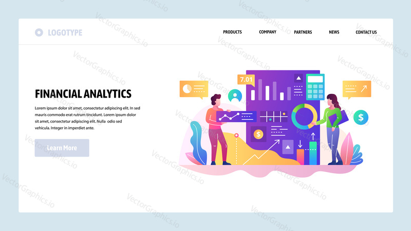 Vector web site design template. Financial analytics and business report, data research and finance charts. Landing page concepts for website and mobile development. Modern flat illustration.