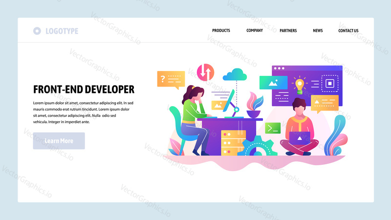 Vector web site design template. Software development, programmer writing code, teamwork. Landing page concepts for website and mobile development. Modern flat illustration.