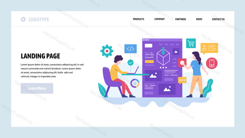 Vector web site design template. Software development, programmer and software architect coding an application. Landing page concepts for website and mobile development. Modern flat illustration.