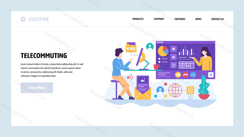 Vector web site design template. Telecommuting, home office, remote business office, work at home. Landing page concepts for website and mobile development. Modern flat illustration.