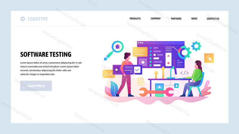 Vector web site design template. Software development and code test, programmer coding application. Landing page concepts for website and mobile development. Modern flat illustration.