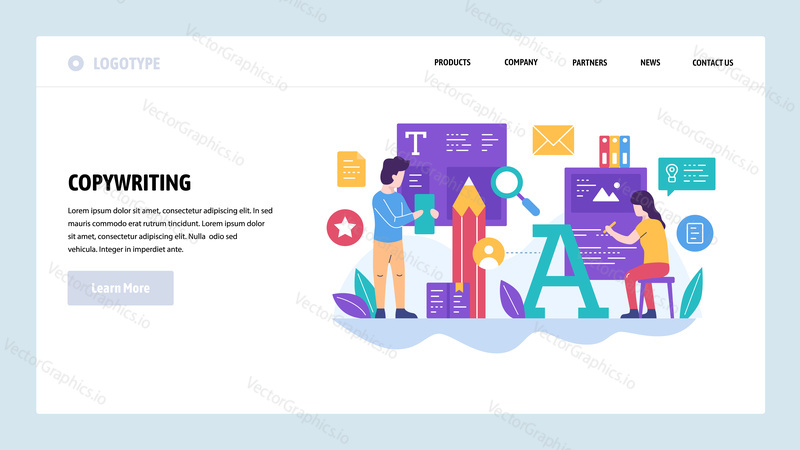 Vector web site design template. Media, press and journalist article, writer, copywriter, typography . Landing page concepts for website and mobile development. Modern flat illustration.