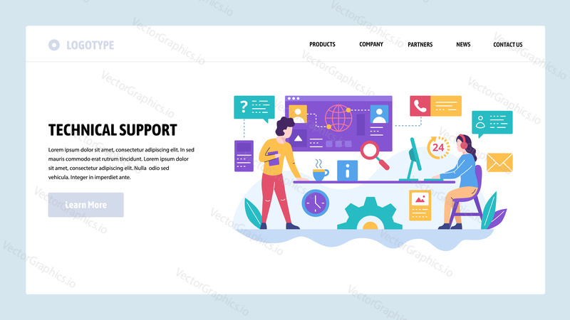 Vector web site design template. Call center and technical support hotline, customer help service. Landing page concepts for website and mobile development. Modern flat illustration.