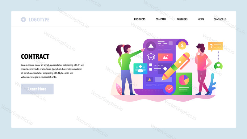 Vector web site design template. Contract signature, business deal agreement, finance document. Landing page concepts for website and mobile development. Modern flat illustration.