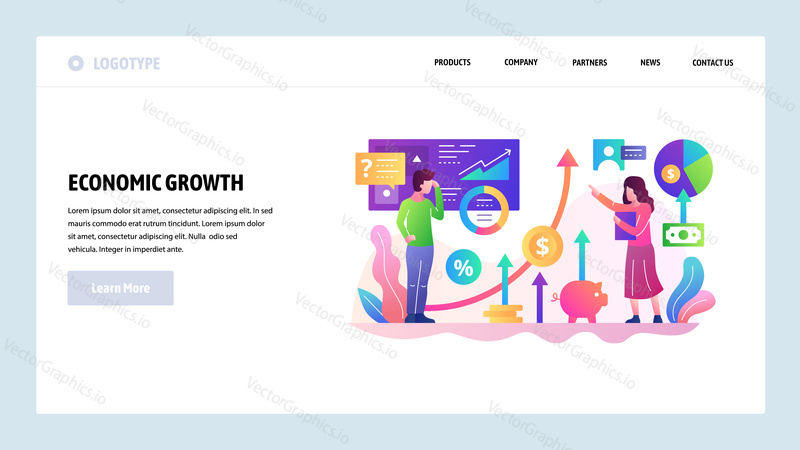 Vector web site design template. Business debelopment and economy growth, financial charts and graph. Landing page concepts for website and mobile development. Modern flat illustration.