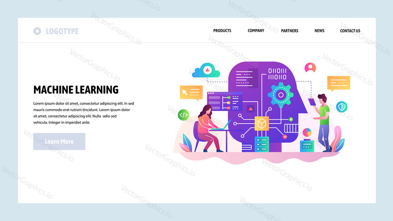 Vector web site design template. Machine learning and AI artificial intellegence, robot technology, big data science. Landing page concepts for website and mobile development. Modern flat illustration.