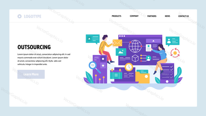 Vector web site design template. Outsourcing and software development. Team working with new project. Landing page concepts for website and mobile development. Modern flat illustration.