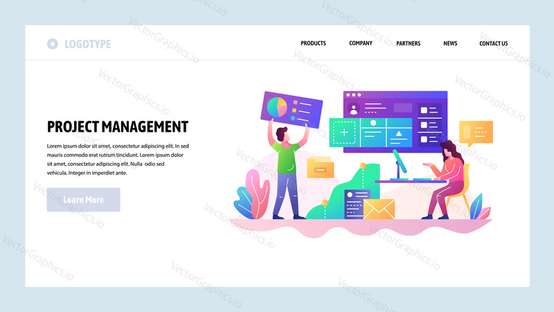 Vector web site design template. Project management and business development, teamwork in office. Landing page concepts for website and mobile development. Modern flat illustration.
