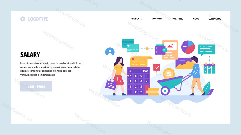 Vector web site design template. Employee salary and payroll, banking and budget finance, money payment. Landing page concepts for website and mobile development. Modern flat illustration.