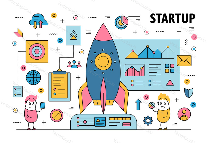 Business startup poster banner template. Vector thin line art flat style design with office workers cartoon characters, rocket launch, business symbols, icons for website banners and printed materials