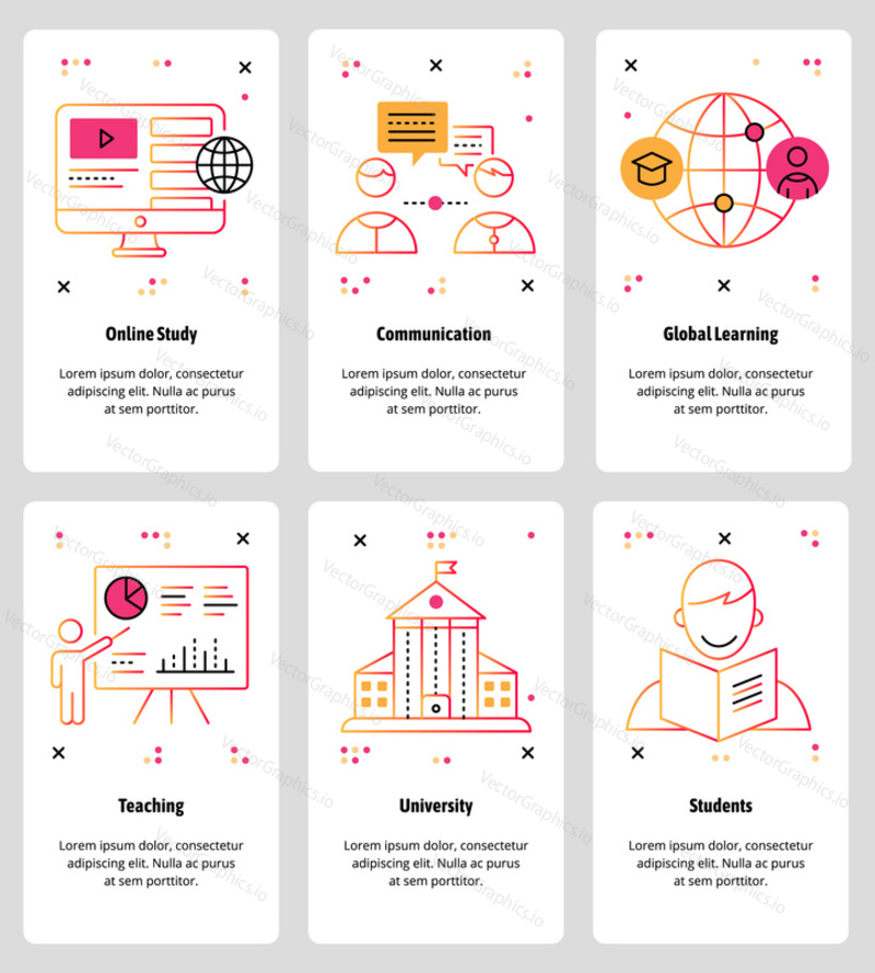 Vector set of mobile app onboarding screens. Online Study, Communication, Global Learning, Teaching, University, Students web templates and banners. Thin line art style design icons for website menu.