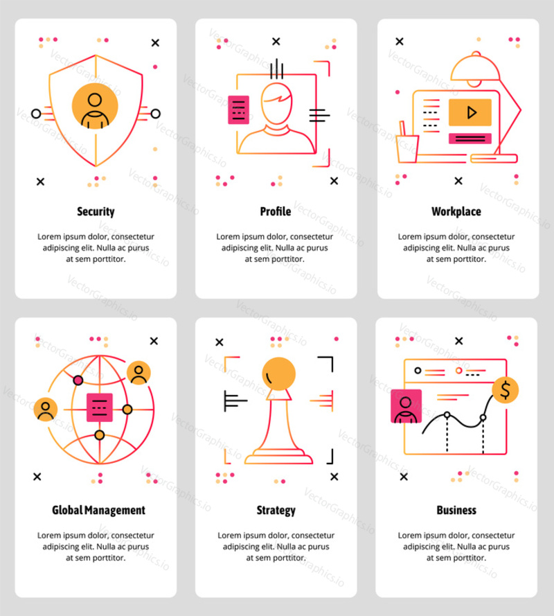 Vector set of mobile app onboarding screens. Security, Profile, Workplace, Global Management, Strategy, Business web templates and banners. Thin line art style design icons for website menu.