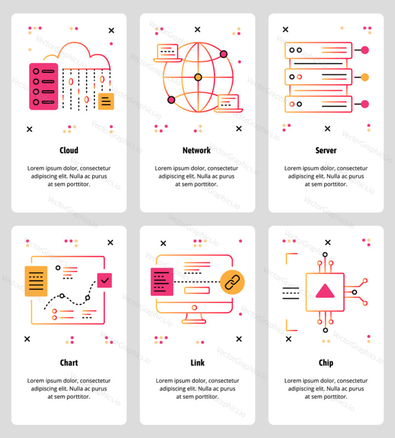 Vector set of mobile app onboarding screens. Cloud, Network, Server, Chart, Link, Chip web templates and banners. Thin line art style design icons for website menu.