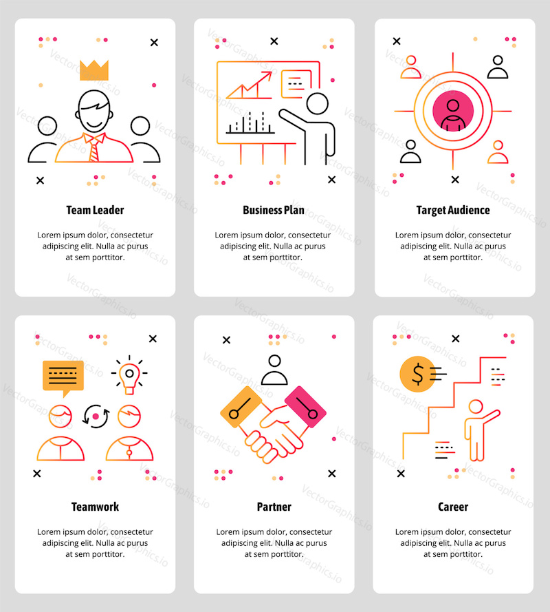 Vector set of mobile app onboarding screens. Team Leader, Business Plan, Target Audience, Teamwork, Partner, Career web templates and banners. Thin line art style design icons for website menu.