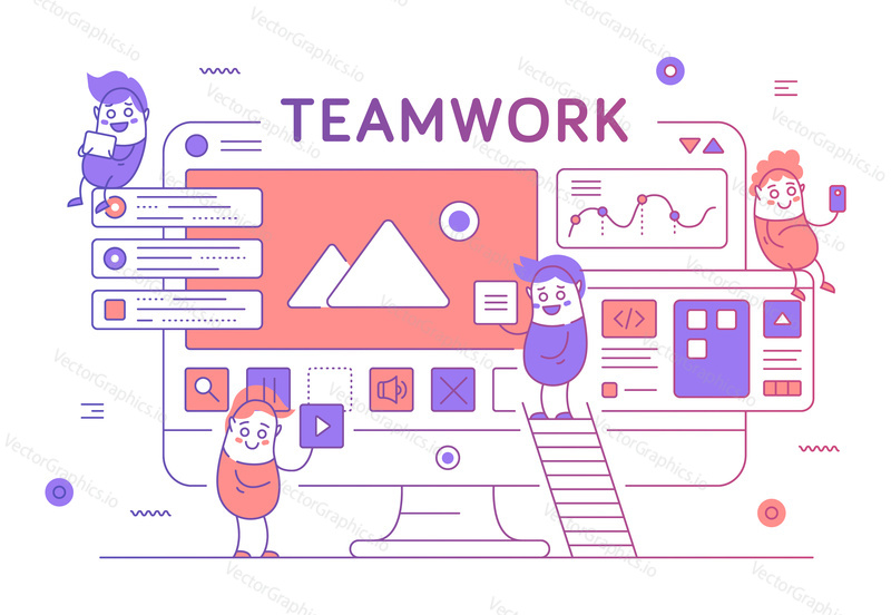 Business teamwork poster banner template. Vector thin line art flat style design with office workers funny cartoon characters, business symbols, icons for website banners and printed materials.