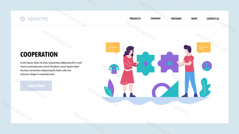 Vector web site design template. Teamwork, partnership and people cooperation. Connecting puzzle. Landing page concepts for website and mobile development. Modern flat illustration
